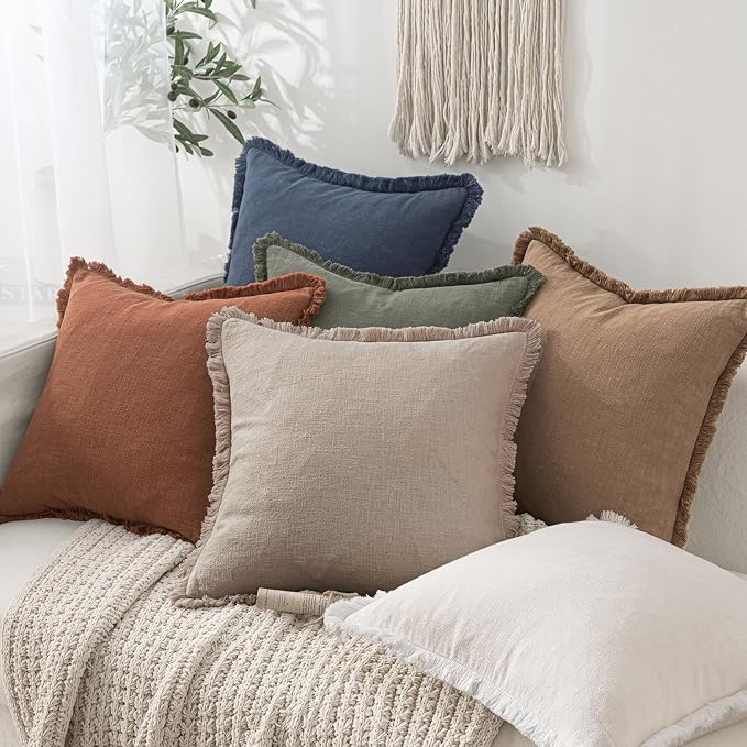 MIULEE Boho Natural Linen Fringe Decorative Euro Throw Pillow Covers 24x24 | Set of 2, Cottagecore Decor, Boho Farmhouse Neutral Pillow Covers, Rustic Couch Cushion Cases for Sofa Bed Living Room
