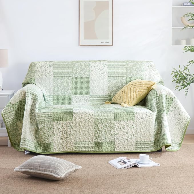 Mybedsoul Boho Quilt Twin Size, Floral Bedspread Dorm Bedding, Light Green | Soft Lightweight Patchwork Quilt, 2 Pieces Plaid Coverlet Set for All Seasons, Reversible Bedding Set Twin 68"×86"