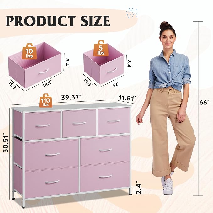WLIVE Dresser for Bedroom, 7 Drawers, TV Stand, A-Pink | 7 roomy fabric drawers, Fits TVs up to 45 inch, Bedroom or living room, Wide storage design, Chest of drawers