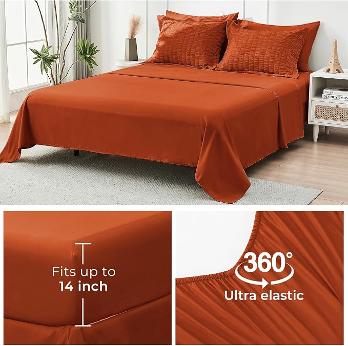 HYMOKEGE Burnt Orange King Size Comforter Set Seersucker 7 Pieces, All Season Luxury Bed in a Bag for Bedroom, Bedding Set with Comforters, Sheets, Pillowcases & Shams