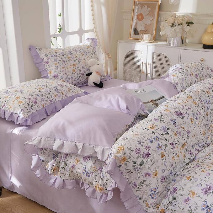 mixinni Floral Duvet Cover Set Twin XL Size, 100% Cotton 3-Piece Bedding Set with Ruffled Lace, Reversible Lavender Wildflower Ruffle Design, Soft Aesthetic Cottagecore Duvet Cover with Zipper Closure