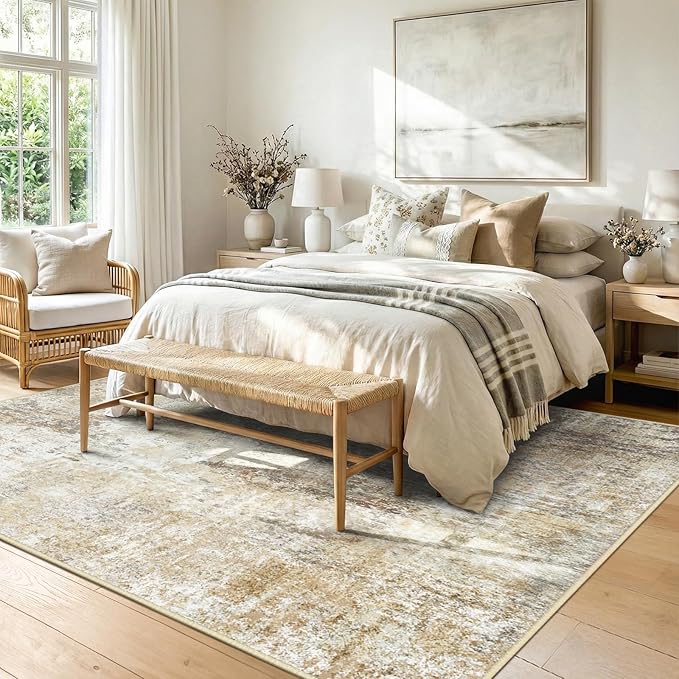 RELEANY Washable 5'x7' Abstract Area Rug for Living Room Neutral Brown | Carpet for Bedroom, Kitchen, Office, Hallway and Entryway, Printed Pattern, Non‑Slip, Soft, Stain‑Resistant, Easy to Clean
