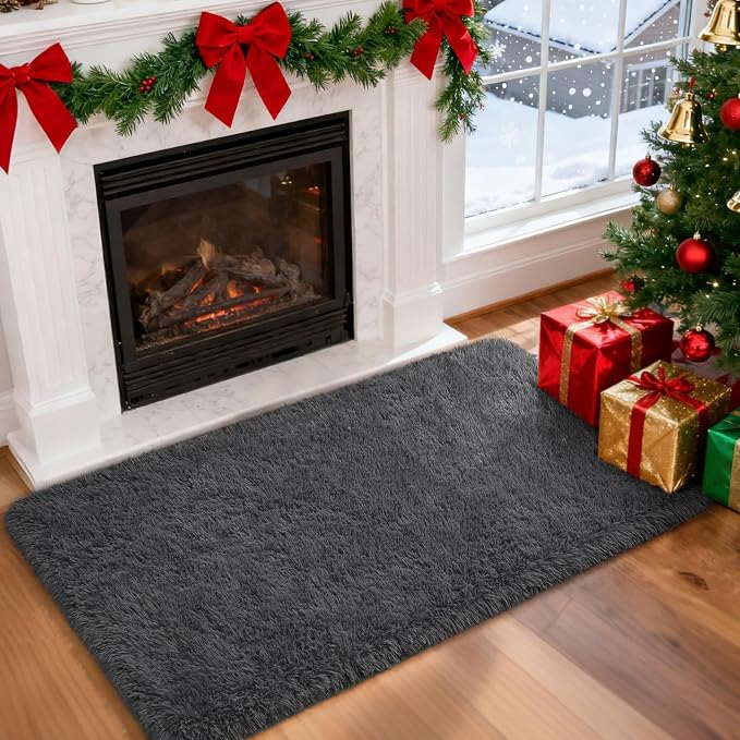 Fluffy Shaggy Small Area Rug, Dark Grey 2x4 Runner Rugs for Bedside Christmas Decor, Mini Fuzzy Plush Throw Rug, Soft Non-Slip Entryway Shag Catpet for Livingroom Holiday Home Aesthetic