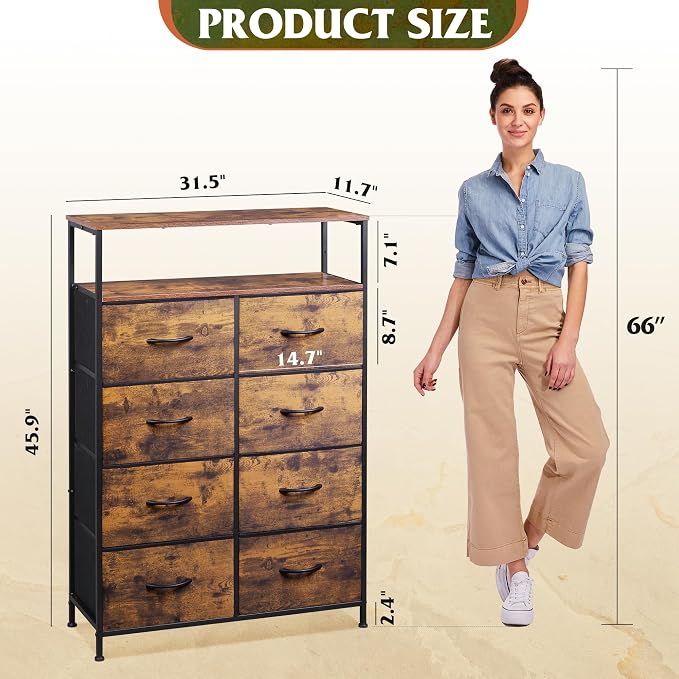 WLIVE Fabric Dresser for Bedroom with Open Shelves, Tall Dresser with 8 Drawers, Storage Tower with Fabric Bins, Chest of Drawers for Closet, Hallway, Rustic Brown Wood Grain Print | 8 fabric drawers plus open shelves, steel frame with wood top, great ...