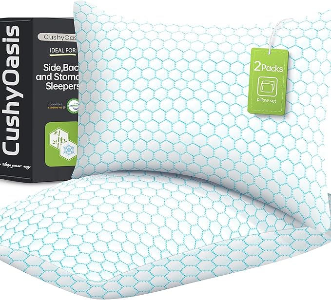 CushyOasis Cooling Pillow for Sleeping, Pillows King Size Set of 2, Blue | CertiPUR-US Shredded Memory Foam Pillows, Cool Bed Pillow for Hot Sleepers, Adjustable Firm for Side, Back, Stomach Sleepers