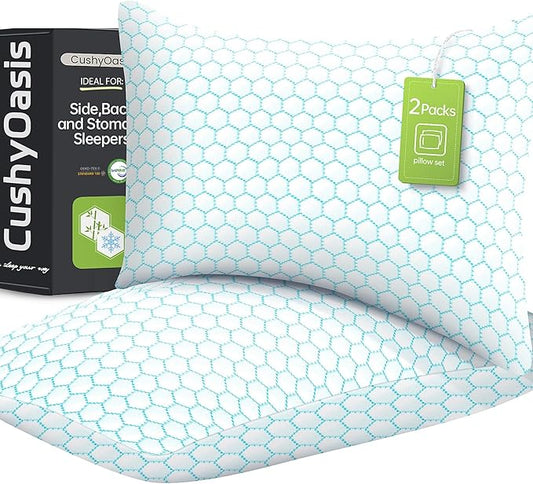 CushyOasis Cooling Pillow for Sleeping, Pillows King Size Set of 2, Blue | CertiPUR-US Shredded Memory Foam Pillows, Cool Bed Pillow for Hot Sleepers, Adjustable Firm for Side, Back, Stomach Sleepers