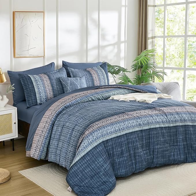 Dintszyayue Blue Comforter Set Cal King Size, 8 Pieces Boho Striped Bed in a Bag Soft Microfiber Bedding Set for All Season