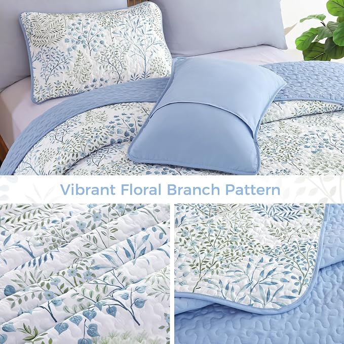WONGS BEDDINGKing Quilt Set, 3 Pcs Blue Green Floral Bedspread Coverlet | Botanical Print Quilt Set for Spring Summer, Lightweight Microfiber Farmhouse Quilted Bed Cover for Guest Room 110"×90"