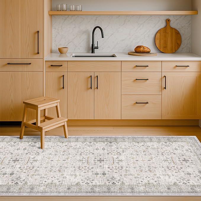 Washable 2x7 Runner Rug for Bathroom, Vintage Boho Light Gray & Sage Runner Rug for Hallway, Kitchen, Door Mat Indoor Entrance, Bedroom Beside Bed, Non-Slip Low-Pile Stain Resistant