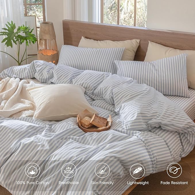 MooMee Striped Duvet Cover Set 100% Washed Cotton Linen Like Oversized Full | Relaxed Linen-like Texture. Soft, Breathable & Long-lasting Comfort. Lightweight. Hidden Zipper with 8 Interior Corner Ties