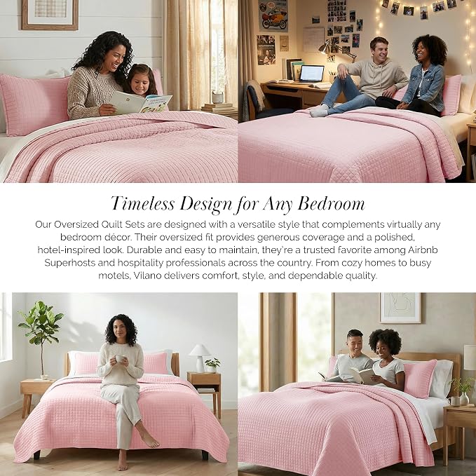 Southshore Fine Living, Inc. Stitched Twin XL Quilt Bedding Set, Dorm Room Bedding, Hotel Quality Microfiber Bedspread, RV Bedding Sets, XL Twin Pink Quilt Bed Spread w/Pillow Sham, Pastel Pink Quilts