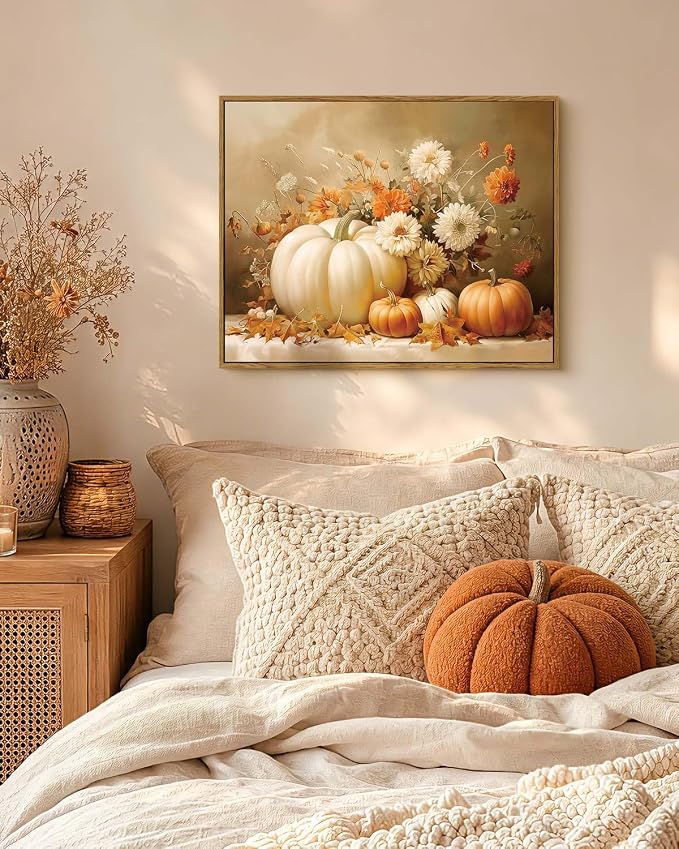 Vintage Thanksgiving Canvas Print White Orange Pumpkins Autumn Floral Leaves, Rustic Framed Fall Pumpkin Flower Still Life Wall Art 16x20, Harvest Farmhouse Kitchen Entryway Decor