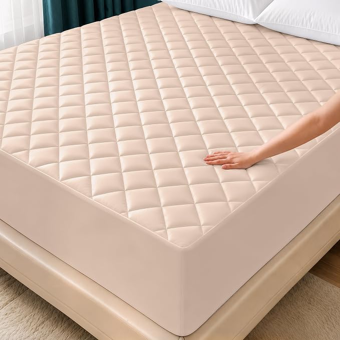 Quilted Mattress Pad, Full Mattress Protector Topper fits 16" Deep, Beige | Soft Breathable Fitted Mattress Cover, Noiseless, Deep Pockets & Machine Washable for Home & Hotels by Utopia Bedding