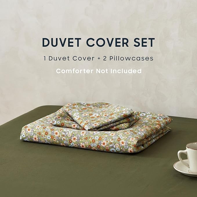 Wake In Cloud - Floral Duvet Cover Set, Cute Vintage Flower Cottagecore Aesthetic for Women Teen Girls, Soft Lightweight Bedding, 3-Piece, Olive Green, Full Size
