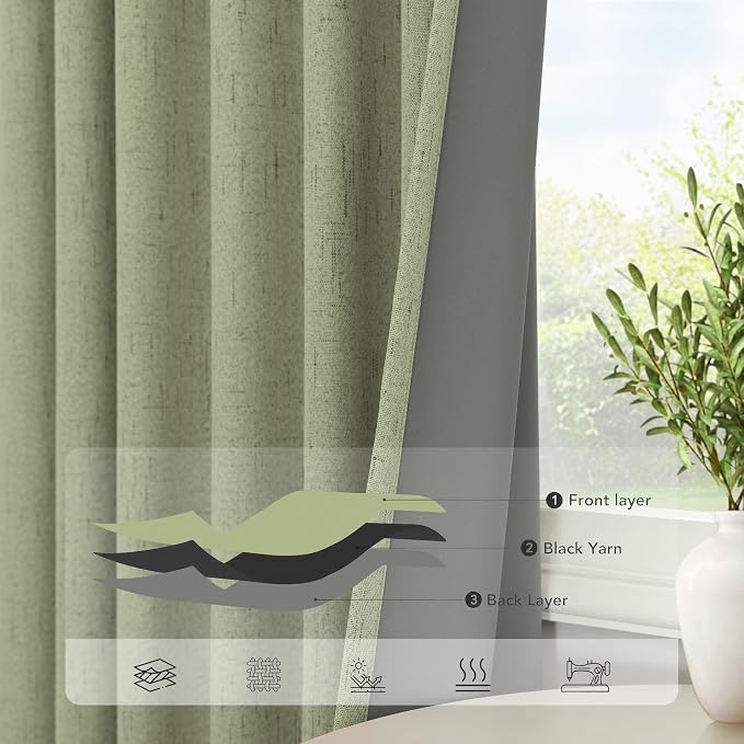 Light Sage Green Back Tab Blackout Curtains for Boys Room Girls 72 Inch Length 2 Panel Cotton Linen Look Window Treatments Thick Soundproof Curtains for Doors Living Room Darkening Drapes Cottagecore