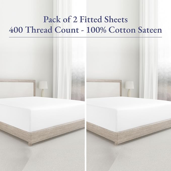 Pack of 2 100% Cotton Sateen Twin Size Fitted Sheet, White | 2 Fitted Sheets, 400 Thread Count Backed by Good Housekeeping Seal, All-Around Elastic, No-Pop Fit, Durable, OEKO-TEX