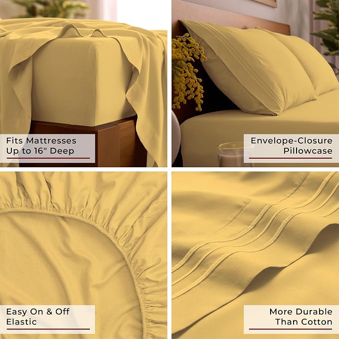 Mellanni Iconic 4-Piece, Ultra Soft Sheet Set (Queen, Yellow) | 10M+ Sleepers. Lab-tested: Sleeps Cool, Stays Bright, Strong, Smooth. Good Housekeeping Best Bedding, 7 yrs running.