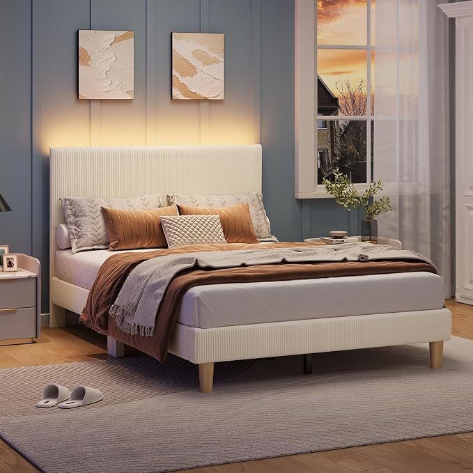 Bestier Full Bed Frame with Adjustable Headboard,LED Light,Beige | LED Lighting Headboard,Easy Assembly,No Squeaks,Vertical Channel Corduroy Upholstered,Wood Slats Support,No Box Spring Needed