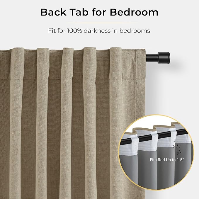 INOVADAY 100% Blackout Curtains for Bedroom Black Out Curtain 102 Inch Long | Earthy Beige Living Room Curtains 2 Panels, Clip Rings Linen Look Blackout Drapes, Thermal Insulated Room Darkening,W50xL102