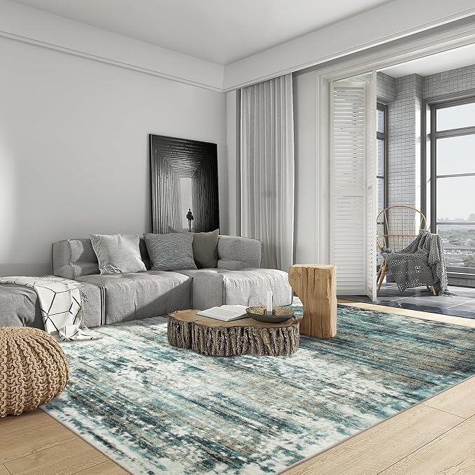 8x10 Area Rugs for Living Room: Washable Abstract Teal Green Badroom Carpet | Non-slip TPE backing makes this washable soft low-pile rug safe & durable, Pet-friendly decor for dining room,nursery,office