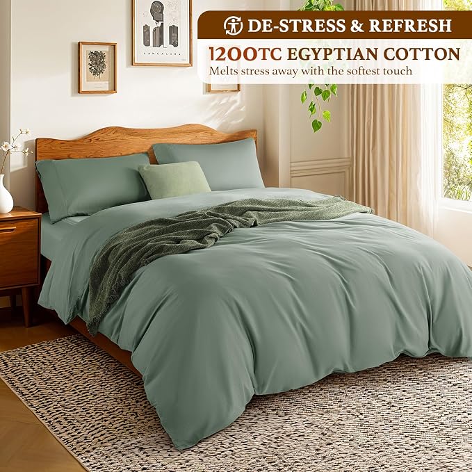 DEITAS 100% Cotton Queen Duvet Covers 3 Piece,1200 Thread Count，Sea Glass | Luxury Egyptian Cotton Comforter Cover With Zipper Closure, Ultra Cooling Breathable, Hotel Bedding Duvet Covers