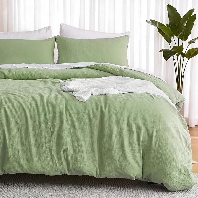 EMME Muslin Cotton Duvet Cover Set Queen Size Linen Like Soft Breathable Lightweight Summer Comforter Cover Set with Zipper Closure (Sage Green, Queen)