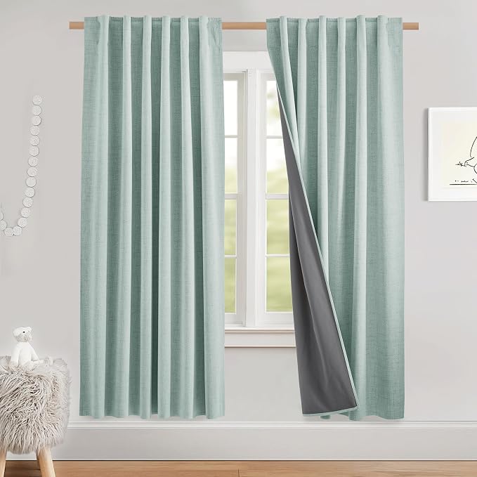 NICETOWN 100% Blackout Linen Curtains 72 inch Long 2 Panels, Seafoam Green | Thick Flax, Thermal Insulated, Classic Back Tab, Privacy Draperies for Light-Sensitive Sleepers, W52" x L72" per Panel