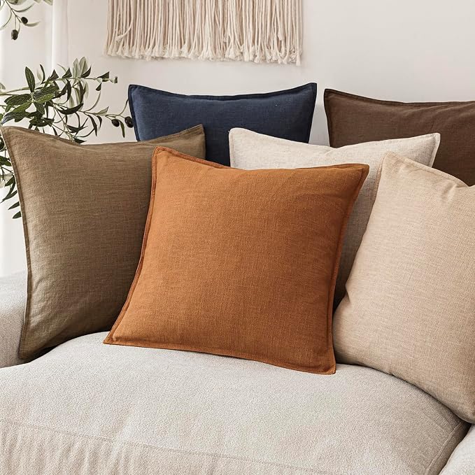 Foindtower Linen Solid Decorative Throw Pillow Covers 22x22 Autumn Orange | Pack of 2 Boho Farmhouse Morden Pillowcase,Accent Rustic Cushion Covers,Home Decor for Chair Couch Sofa Bedroom Living Room