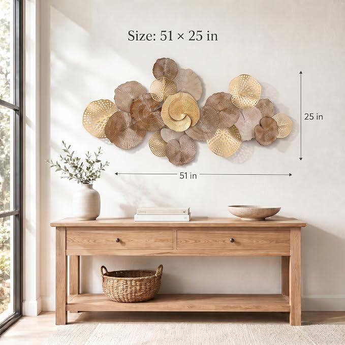 Axioglo 51" Large Wall Decor 3D Lotus Leaf Metal Wall Art for Living Room | 51" x 25" metal wall decor with layered metal texture, mounting hardware, two-way display