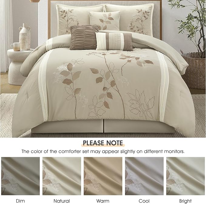 Beige King Comforter Set, 7 Pieces Bed in a Bag, Elegant Floral Leaves Embroidery, Soft and Lightweight All Seasons Bedding Set, Bedskirt, Pillow Shams, Decor Pillows