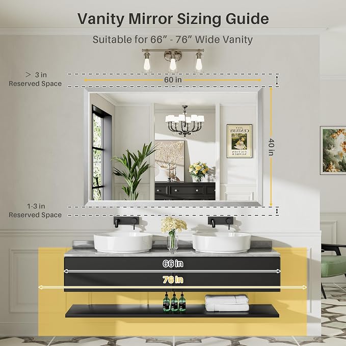 Bathroom Wall Mirror, Silver Brushed Nickel Metal Frame, 60x40 Inch | Anti-rust, HD tempered glass, for bathroom vanity, bedroom, living room, horizontal or vertical mount