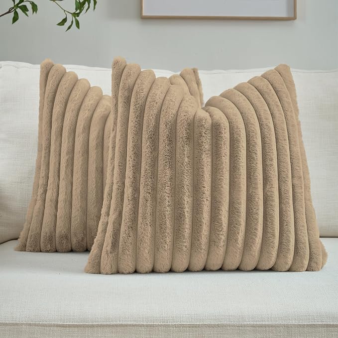 FUTEI Pack of 2 Faux Fur Throw Pillow Covers 18x18 Inch, Khaki | Fluffy Faux Rabbit Fur Front/Premium Velvet Back,Hidden Zipper,Machine Washable,Non-Shedding,Colorfast,Insert Not Included.