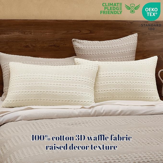 PHF 100% Cotton Waffle Pillow Shams King Size, 2 Pack 20" x 36" Soft Skin-Friendly Pillowcases, No Filling, Aesthetic Woven and Breathable Waffle Weave Pillow Case Covers for Bed, Ivory