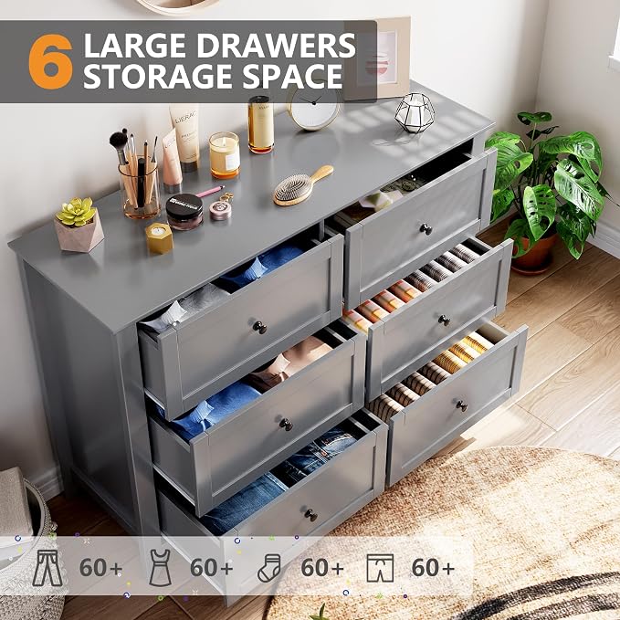 Garvee Grey 6-Drawer Dresser for Bedroom, 41.7" L Entryway Storage Drawers | Modern Lacquered Chest of Drawers, 15.8"D x 41.7"W x 31.5"H, Storage Dresser with Deep Drawers for Hallway Entryway