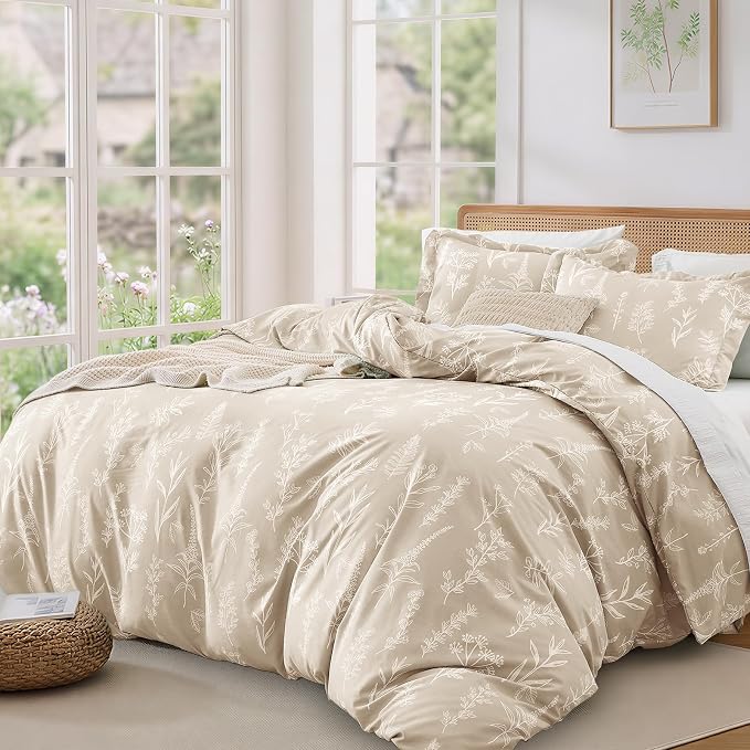 MUXHOMO Duvet Cover King Size, Reversible Floral Beige Duvet Cover Set with Zipper Closure, 3 Pieces Botanical Patterns Soft Microfiber Bedding Set (90"x104", 2 Pillow Cases 20"×36")