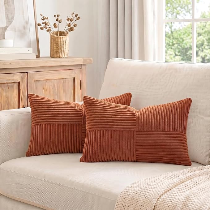 Fancy Homi 2 Packs Rust Long Lumbar Decorative Throw Pillow Covers 16x24 Inch for Couch Bed Sofa, Farmhouse Boho Home Decor, Soft Striped Corduroy Rectangle Accent Terracotta Cushion Case 40x60 cm