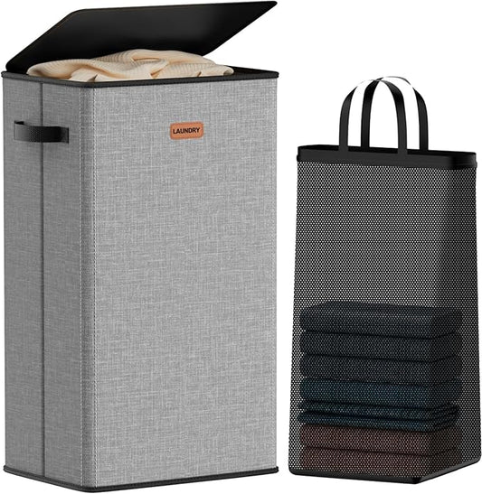 100L Laundry Hamper with Lid, Large Clothes Hampers with Removable Bag, Collapsible Laundry Basket for Bathroom, Bedroom, Laundry Room, Dorm, Grey