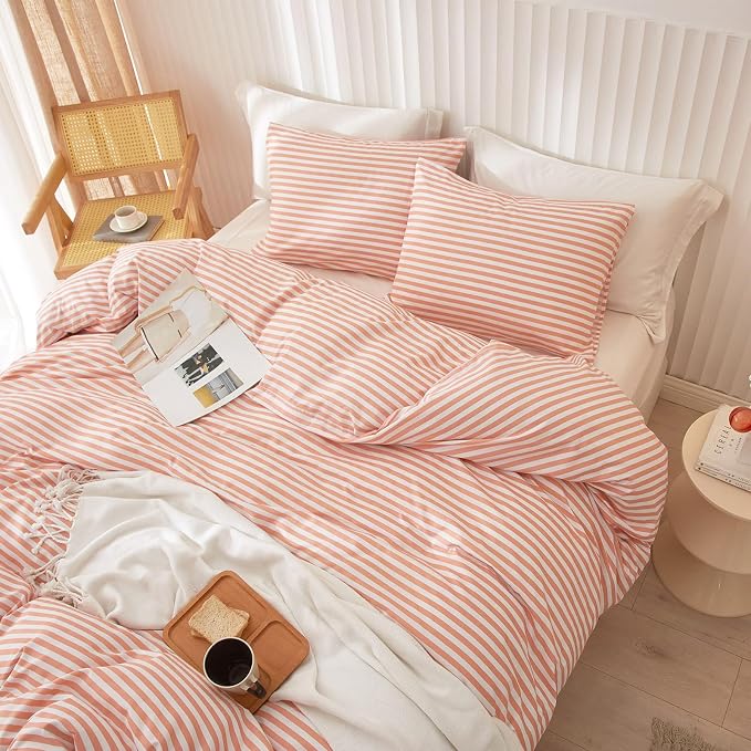 Full Comforter Set Pink White Stripes Pattern Comforter Full Modern Style Striped Comforter with 2 Pillowcases Lightweight 3 Pieces Boho Bedding Comforter Farmhouse Striped Fluffy Comforter Set