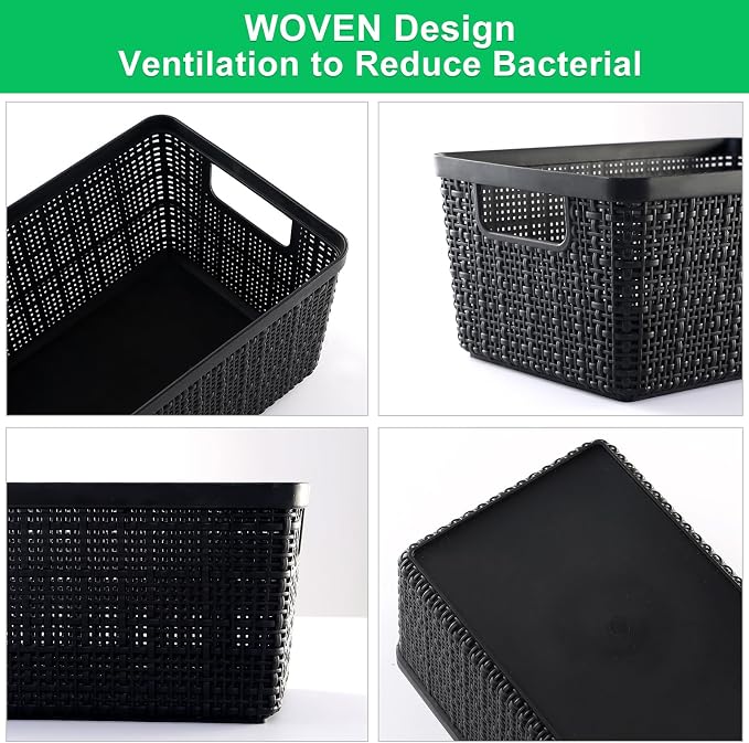 6 Pack Plastic Storage Baskets with Lid,Black Stackable Bins | Durable Woven Plastic With handle Breathable,Save space ,For Organizing Desktops, Closets, Playrooms, Classrooms, Offices