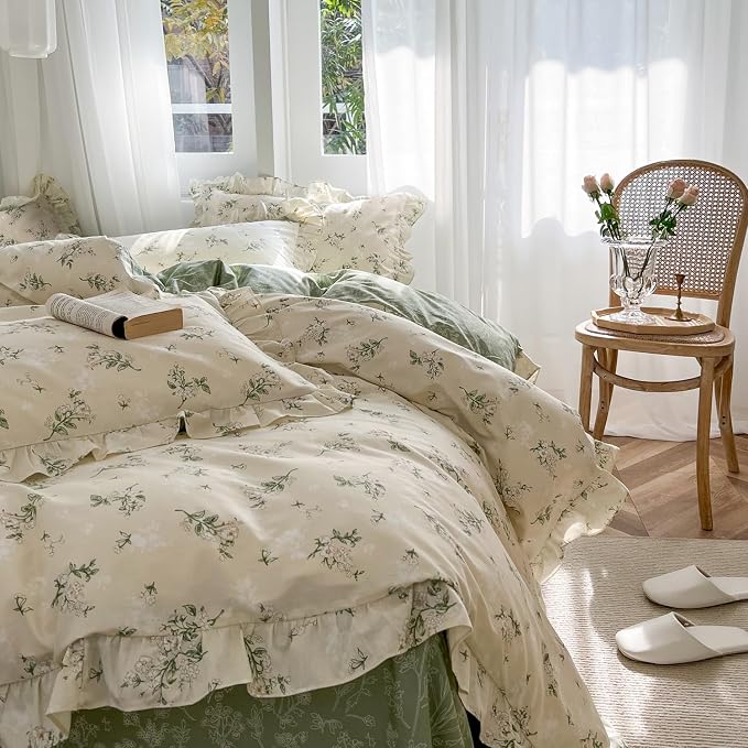 mixinni Reversible Sage Green Floral Duvet Cover Set Queen Size - 100% Cotton Cute Botanical Patterns Bedding Set with Ruffle Lace, 3PCs Beige Soft Aesthetic Cottagecore Style Duvet Cover for Girls