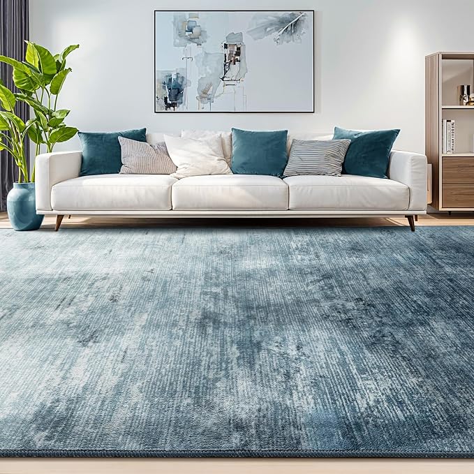 LIANLAM 10x12 Washable Rug, Blue Solid Area Rugs for Living Room & Bedroom | Stain-resistant & Non-slip backing,Low Pile Washable Large Carpet, Solid Vintage Style For High Traffic Areas(10x12,Blue)