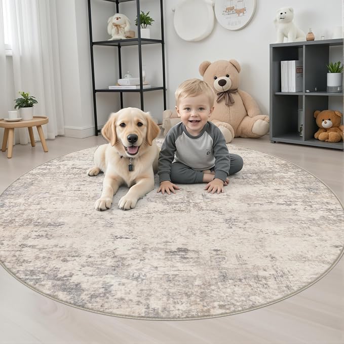 Round Area Rug Living Room: 5 ft Modern Washable Indoor Carpet | For Bedroom Dining Room Farmhouse Nursery Hallway Office,Modern Abstract,Machine washable,Non-Slip,Stain Resistant,Indoor