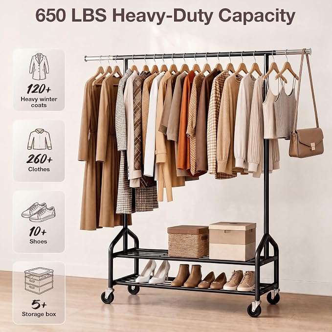 Heavy Duty Clothes Rack, Rolling Clothing Rack Load 650 LBS for Hanging Clothes with 2 Sturdy Shelves, Metal Garment Rack with Wheels for Bedroom, Laundry Room, Retail Store, Black, Large