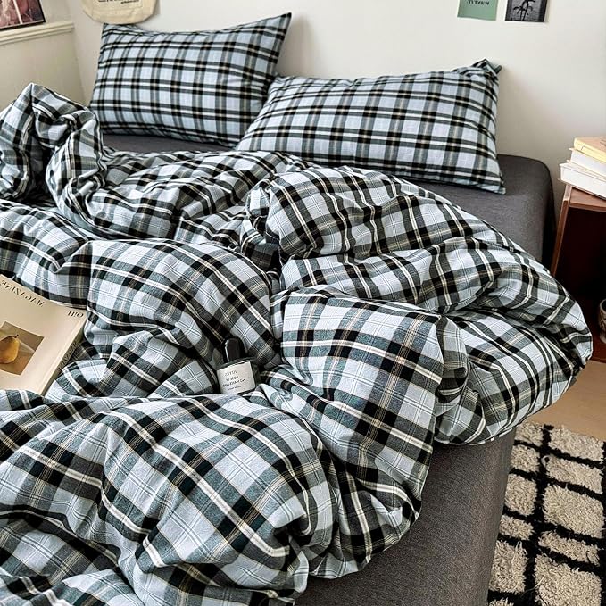 LifeTB Queen Comforter Set Grey Black Plaid Comforter Set, 3 Pieces Vintage Checkered Pattern Grid Comforter with 2 Pillowcases, Fluffy Soft Farmhouse Plaid Bedding Gingham Comforter Set Queen