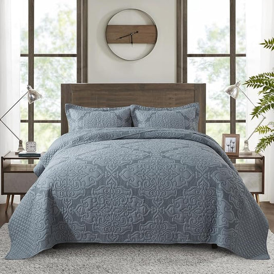 Reversible Quilt Bedspread Embroidered Microfiber Coverlet Set,Jacquard Embossed Floral,Grey, Queen Size