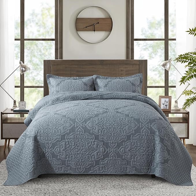 Reversible Quilt Bedspread Embroidered Microfiber Coverlet Set,Jacquard Embossed Floral,Grey, King Size