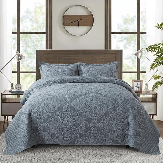 Reversible Quilt Bedspread Embroidered Microfiber Coverlet Set,Jacquard Embossed Floral,Grey, King Size