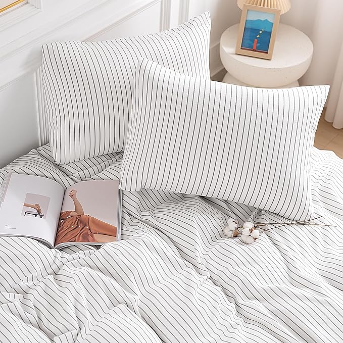 NEXHOME PRO Striped Duvet Cover Super King,100% Washed Cotton Bedding Set,Textured Linen Feel,Breathable,Organic,3 Piece(Grey Stripes 108x98)