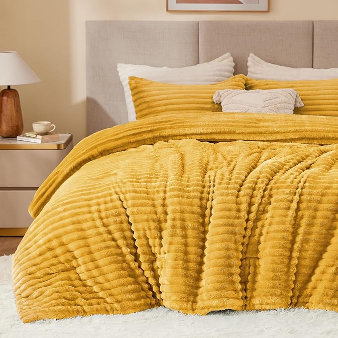 BEDELITE Fleece Twin/Twin XL Comforter Set, Fluffy Bed Set, Mustard | Super Soft & Warm Bedding, Luxury Fuzzy Faux Fur Comforter for Winter, Heavy Plush Bedding, with 1 Pillowcase