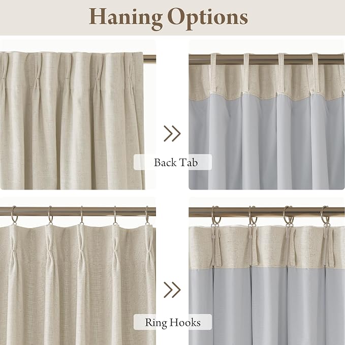 RYB HOME Natural Pinch Pleated Linen Curtains, 100% Blackout Thermal Insulated Double Layer Textured Curtains for Sliding Glass Door Picture Window, Beige, 40" W x L90 L, 2 Panels Set